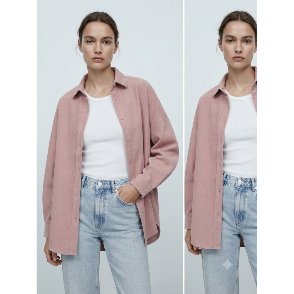 Zara Corduroy Shirt Women Medium Pink Oversized Shacket Button Down Long Sleeve